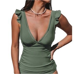 NEW‎ Sage Green XL Tankini Swimsuit Top Ruffle Sleeves Tummy Control